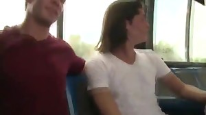 Lad blows on spunk-pump inwards the city bus