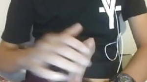He stimulates his excited penis and cum in tight