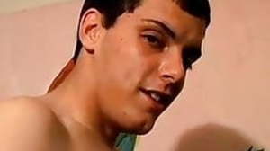 Skinny young twink jerks off his cock and cums in