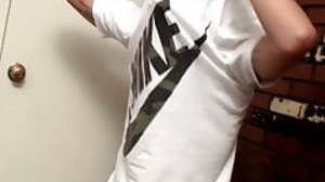 Nasty twink pissing while jerking off his big cock