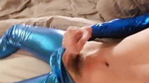 Twink Cums in Blue Latex