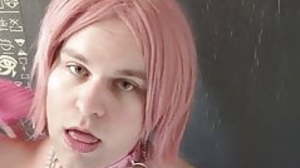 Pink Sissy Boy Bitch rides dildo