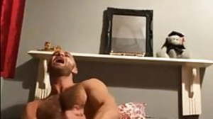 Sub rides huge dildo and Cums for his master